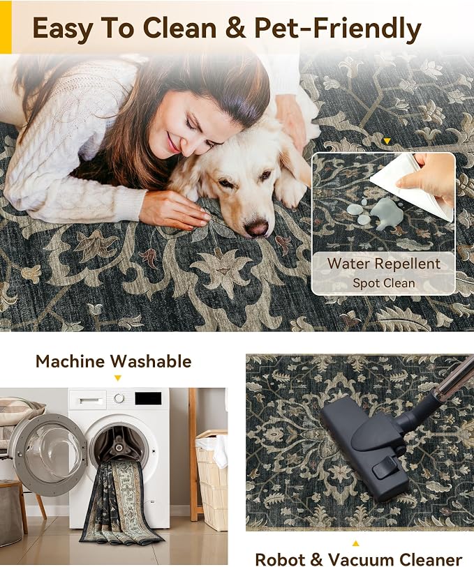RELEANY Area Rugs Large 10'x12' Washable Non-Slip, Floral Vintage Distress Medallion Carpet for Living Room Bedroom Dining Room, Vintage Black Brown Neutral