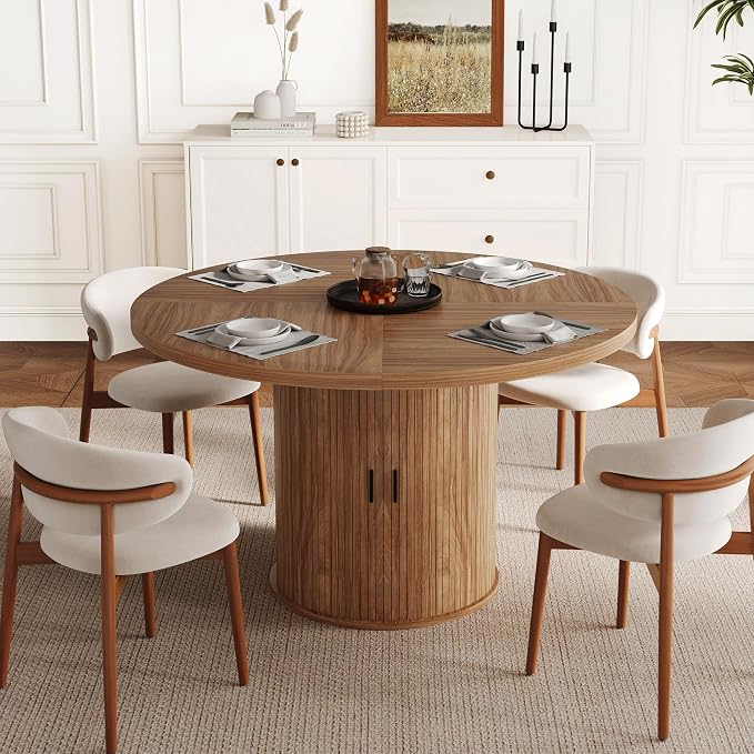 47 inch Round Dining Table for 4-6, Dinner Table with 2-Layer Storage Shelf, Morden Circle Kitchen Table with Wooden Strip Base and Wood Slide Door for Home Dining Room, Living Room, Chestnut