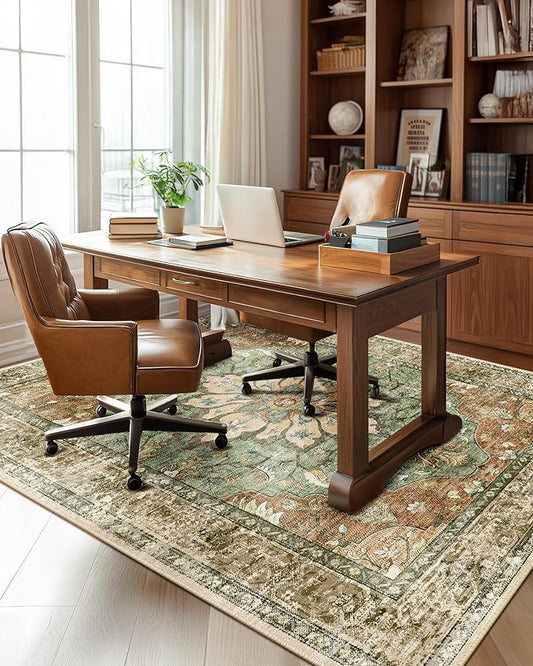 RELEANY Area Rugs 6'x8' Washable Non-Slip, Floral Vintage Distress Medallion Carpet for Living Room Bedroom Dining Room, Terracotta Burnt Orange Green