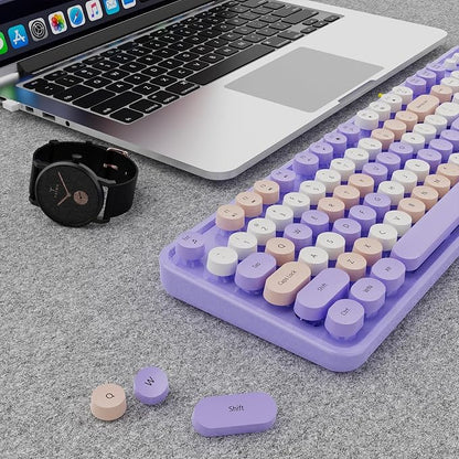 SkyGive Wireless Keyboard and Mouse Combo, Ergonomic Full Size Typewriter Retro Round Keycaps Keyboard, Compatible with Windows, PC, Perfer for Home and Office Keyboards (Purple