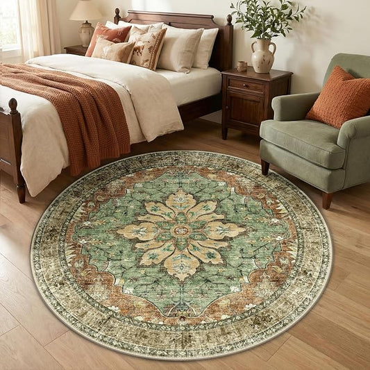 RELEANY Area Rugs Round 5ft Washable Non-Slip, Floral Vintage Distress Medallion Carpet for Living Room Bedroom Dining Room, Terracotta Burnt Orange Green