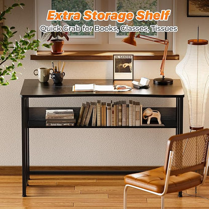 Huuger Folding Desk with Storage Shelf, 39.3 Inch Foldable Computer Table for Small Spaces, Space Saving Sofa Table for Couch, Writing Work Office Computer Desk, Easy to Fold, Black