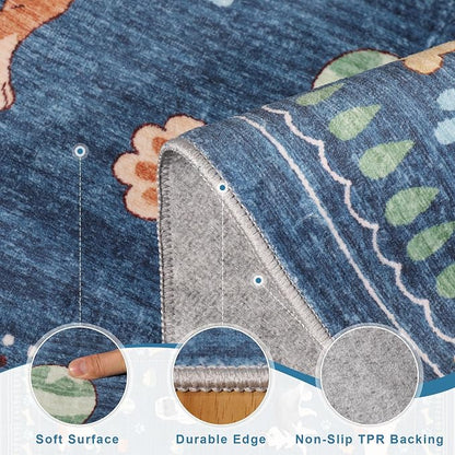 DUKINO 4x6 Area Rug, Non Slip Washable Rug for Living Room with Low Pile Design, Lightweight & Non Shedding Animal Dog Print Indoor Soft Carpet for Bedroom, Dining Room, Kids Room, Office, Blue