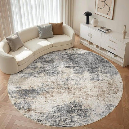 Round Rug Living Room Rugs: 8x8 Washable Circle Large Abstract Modern Soft Stain Resistant Non-Slip Indoor Floor Carpet for Bedroom Nursery Office Dining Room Dorm Home House- Grey Brown
