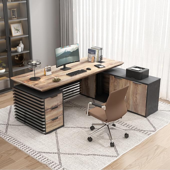 SAINTCY 70.87In L Shaped Executive Standing Desk with Drawers, Large Modern Adjustable Heigh Home Office Desk w/Universal Charging Ports, Business Workstation, Black and Warm Oak
