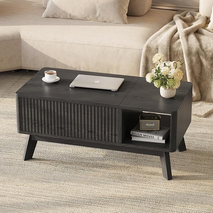 Wood Lift Top Coffee Table with Hidden Compartment and Large Storage Shelf, Lift Tabletop Dining Center Table for Home Living Room Office,Black