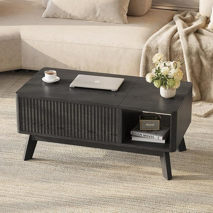 Wood Lift Top Coffee Table with Hidden Compartment and Large Storage Shelf, Lift Tabletop Dining Center Table for Home Living Room Office,Black
