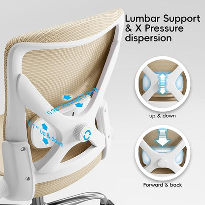 Ergalithic Office Home Ergonomic Desk Chair-Computer X-Shaped Chair Mesh PU Leather with Adjustable Lumbar Support-Executive Chair High Back Flip-Up Arms for Long Hours (Khaki-No Headrest)