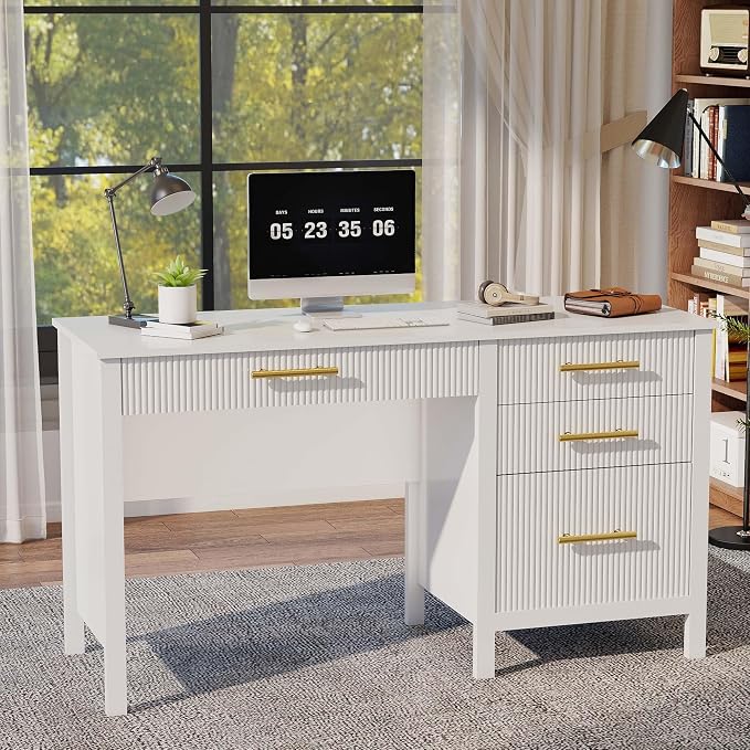 White Executive Desk with Drawers: 54" Wood Computer Desk with File Drawer, Modern Home Office Desks with Storage, Fluted Writing Desks for Working, Studying (White, 54")