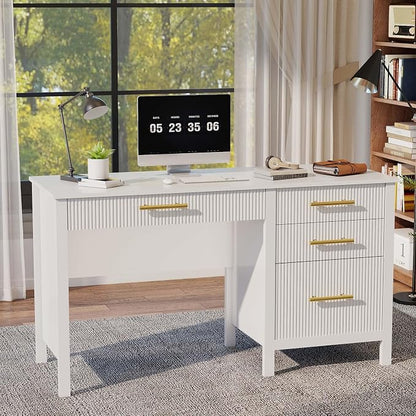 White Executive Desk with Drawers: 54" Wood Computer Desk with File Drawer, Modern Home Office Desks with Storage, Fluted Writing Desks for Working, Studying (White, 54")