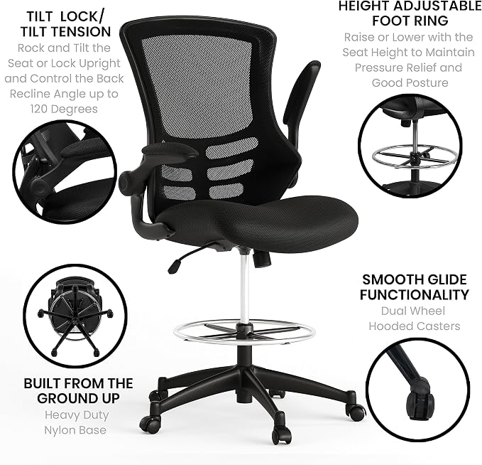 Flash Furniture Kelista Mid-Back Swivel Office Chair with Adjustable Seat Height, Ergonomic Mesh Desk Chair with Flip-Up Armrests, Black