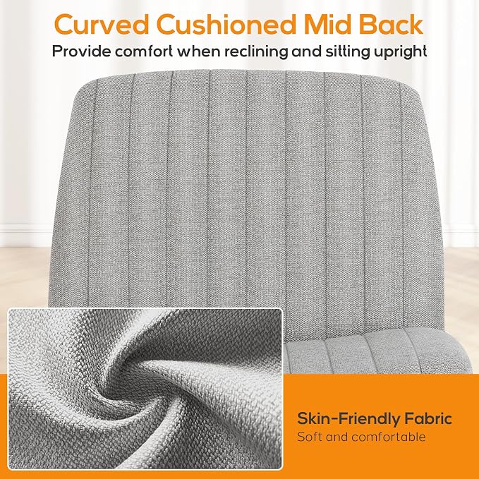 DUMOS Criss Cross Chair No Wheels Legged Office Wide Comfy Desk Vanity Chair, Armless Computer Task Seating, Swivel Home Height Adjustable for Bedroom, Study, Grey Fabric