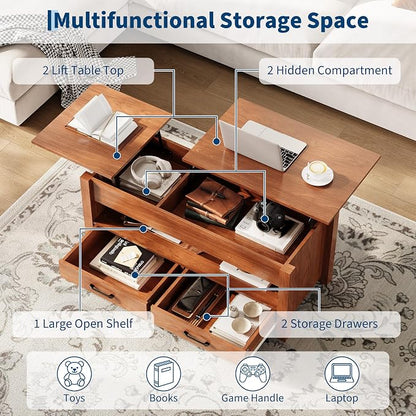 IDEALHOUSE 47.2" Coffee Table with Storage, Multi-Function Lift Top Coffee Table with Wooden Lift Tabletop, 2 Drawers and Hidden Compartment, Central Table for Living Room Home Office, Brown