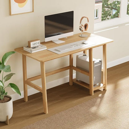NELYE Solid Wood Computer Desk - 52" W x 24" D Modern Minimalist Table with Shelf，Sturdy Computer Workstation for Home Office, Oak