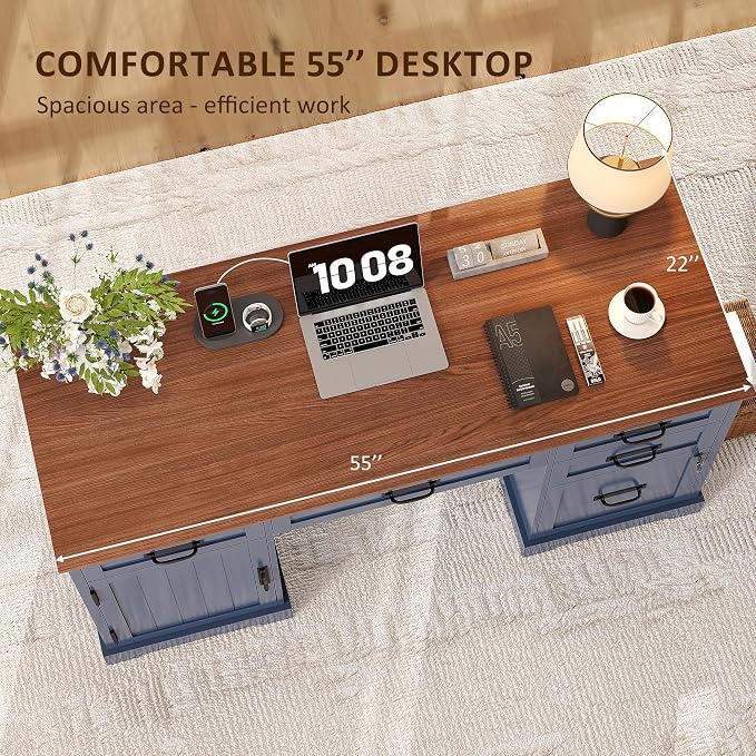 Whalefall 55'' Farmhouse Desk Home Office with Drawers, Blue | Executive Computer Desk with File Cabinet and Charging Station, Wooden Small Desk with Locking Drawers Storage