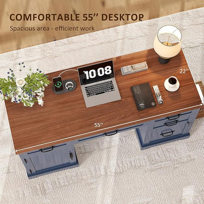 Whalefall 55'' Farmhouse Desk Home Office with Drawers, Blue | Executive Computer Desk with File Cabinet and Charging Station, Wooden Small Desk with Locking Drawers Storage