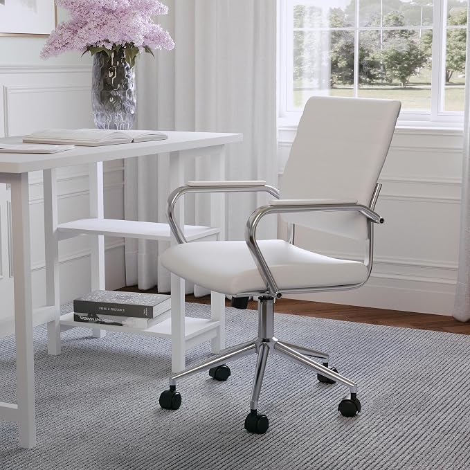 Martha Stewart Piper Swivel Task Chair with Armrests for Home Office in White Faux Leather with Polished Nickel Frame