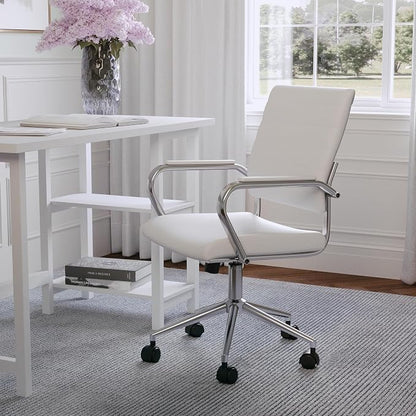 Martha Stewart Piper Swivel Task Chair with Armrests for Home Office in White Faux Leather with Polished Nickel Frame