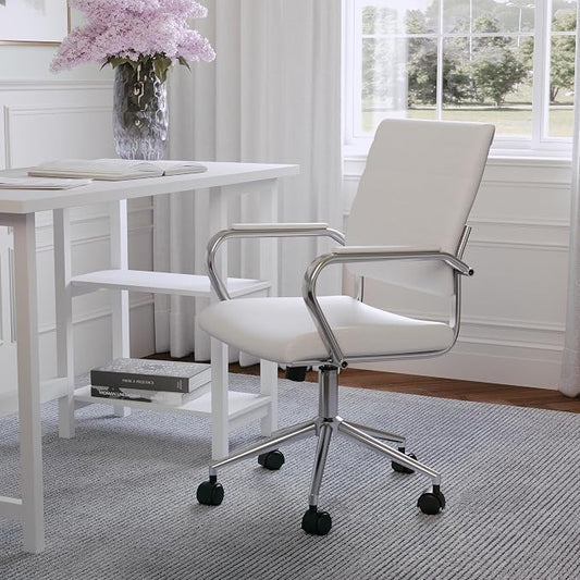 Martha Stewart Piper Swivel Task Chair with Armrests for Home Office in White Faux Leather with Polished Nickel Frame