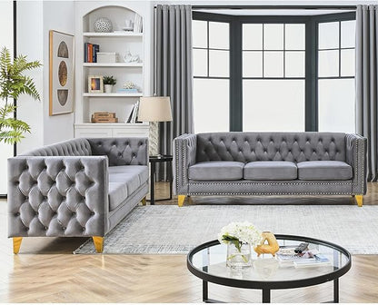mikibama 2PC Velvet Sofa Couch Set for Living Room,Button Tufted 3 Seater Sofas Set of 2,Modern Upholstered 3-Seat Couches with Nailhead Trims,Golden Metal Legs for Bedroom