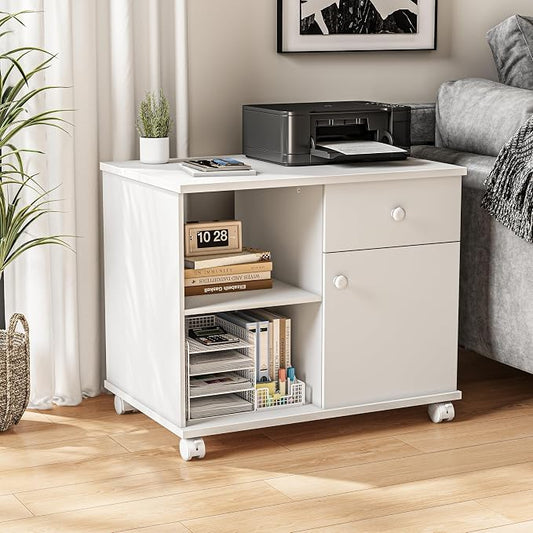 Quikraen Rolling File Cabinet with Doors | Adjustable Shelves Under Desk Storage Cabinet for Office Supplies Mobile Filing Cabinet White