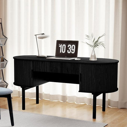 Executive Office Desk with Storage, 63 Inch Large Computer Workstation Desk with Drawer and File Cabinets, Mid Century Modern Fluted Wood Writing Desk for Home Office, Study Room, Living Room, Black
