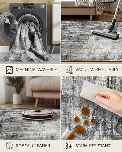 Latte&Fog 4x6 Rug for Living Room, Modern Abstract Washable Area Rug, Boho Non Slip Low Pile Throw Carpet for Indoor Bedroom, Dining Room, Office, Dorm, Classroom, Farmhouse and Kids Room
