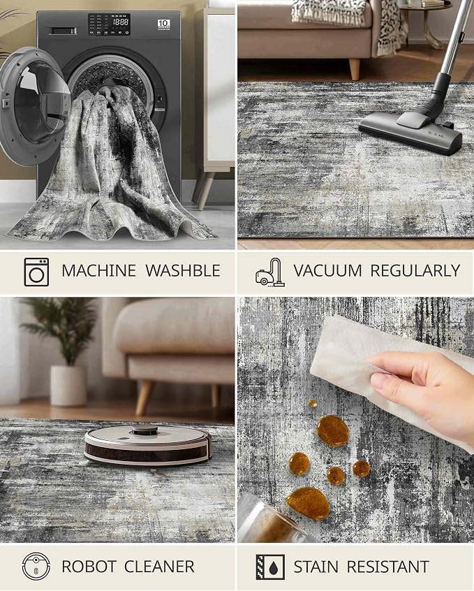 Latte&Fog 2x3 Entryway Rug, Small Modern Abstract Door Mat, Washable Kitchen Rug, Boho Non Slip Low Pile Carpet for Indoor Kitchen, Entry, Front Door and Bathroom - Black/Gold