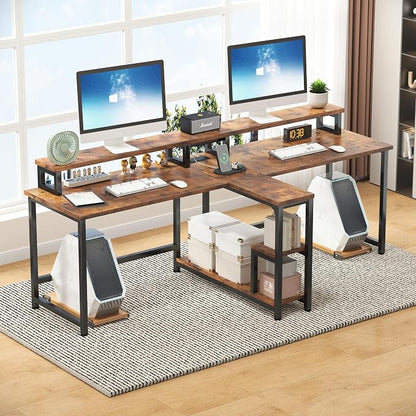 Mexin 2 Person Desk-83.7 Inch Double Computer Desk with Monitor Stand and Power Outlets, Office Desk with Storage Shelves, Long Desk for Home Office, Rustic Brown