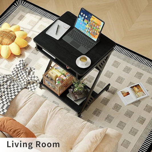 ALISENED Computer Desk for Small Spaces,23.6" Z-Shaped Compact Study Table with Smooth Keyboard Tray,with Wheels and Bottom Shelves for Home Office，Computer Cart Mobile Laptop Cart