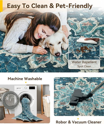 RELEANY Area Rugs 3'x5' Washable Non-Slip, Floral Vintage Distress Medallion Carpet for Living Room Bedroom Dining Room, Teal Green Lake Blue Turquoise