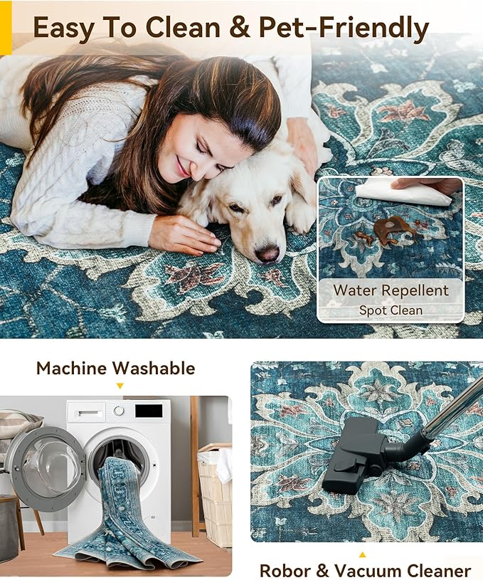 RELEANY Area Rugs Runner 2'6"x14' Washable Non-Slip, Floral Vintage Distress Medallion Carpet for Kitchen Hallway Bedroom Beside Laundry Room Bathroom, Teal Green Lake Blue Turquoise
