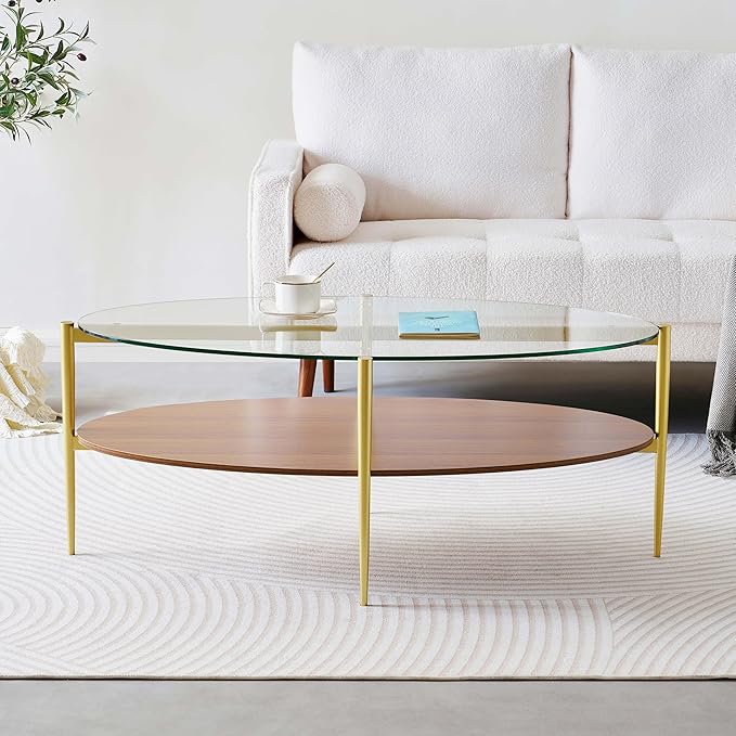 LumFurn Oval Glass Coffee Table, Mid-Century Modern Design, L43 x W22 x H17 inch, 2-Tier Structure, Olive Shaped Clear Glass Top and Walnut Finish Wood Shelf, Tapered Legs with Gold Finish Frame