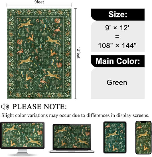 DUKINO 9x12 Rug, Washable Animal Living Room Rug with Non Slip Vintage Design, Soft Low Pile Large Carpet for Bedroom, Nursery, Dining Room, Farmhouse, Playroom, Green