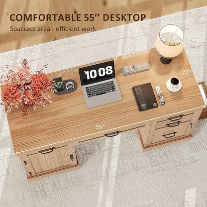 Whalefall 55'' Farmhouse Desk Home Office with Drawers, Light Walnut | Executive Computer Desk with File Cabinet and Charging Station, Wooden Small Desk with Locking Drawers Storage