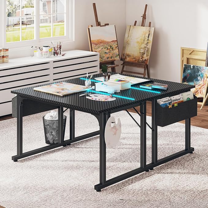 DurayLoly 40" Gaming Desk with Waterproof LED Lights, Carbon Fiber Desktop for Small Spaces | Home Office Study Computer Desk with Storage Bag & Headphone Hook, Black