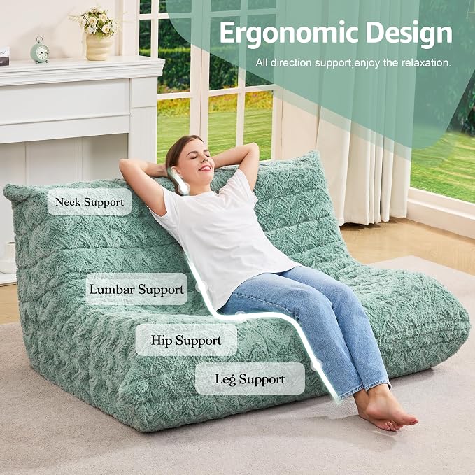 Hobestluk Large Bean Bag Chair Faux Fur BeanBag Couch for Living Room | Green Chevron, Loveseat,Ergonomic Design,Memory Foam,Anti-slip Bottom,No Assembly Required,Decorative Style for Living Room