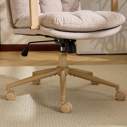 VINGLI Comfy Linen Office Desk Chair with Wheels & Detachable Cushions & Wood-Like Armrests,Swivel Small Computer Task Chair,Adjustable for Girl Makeup Vanity,Teen/Kids Study,Nail Tech,Sewing,Khaki