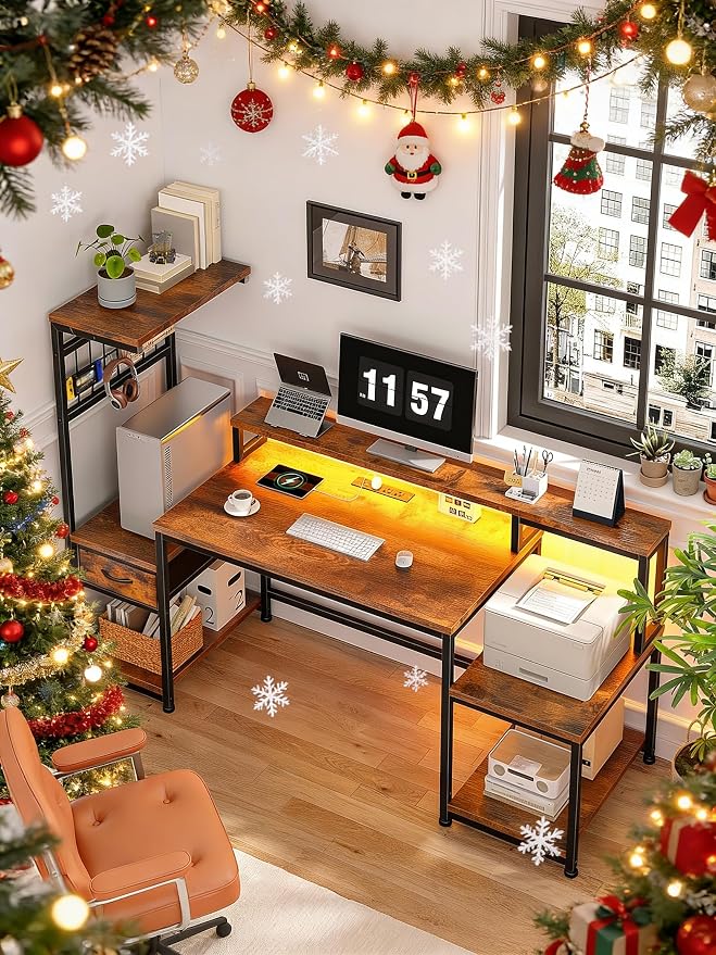 DurayLoly 63" Computer Desk with LED Lights & Outlets,Office Desk with Drawers & Monitor Stand,Gaming Desk with 3 Storage Shelves, Hooks& Printer Space for Game&Study Room,Home Office,Bedroom,Brown