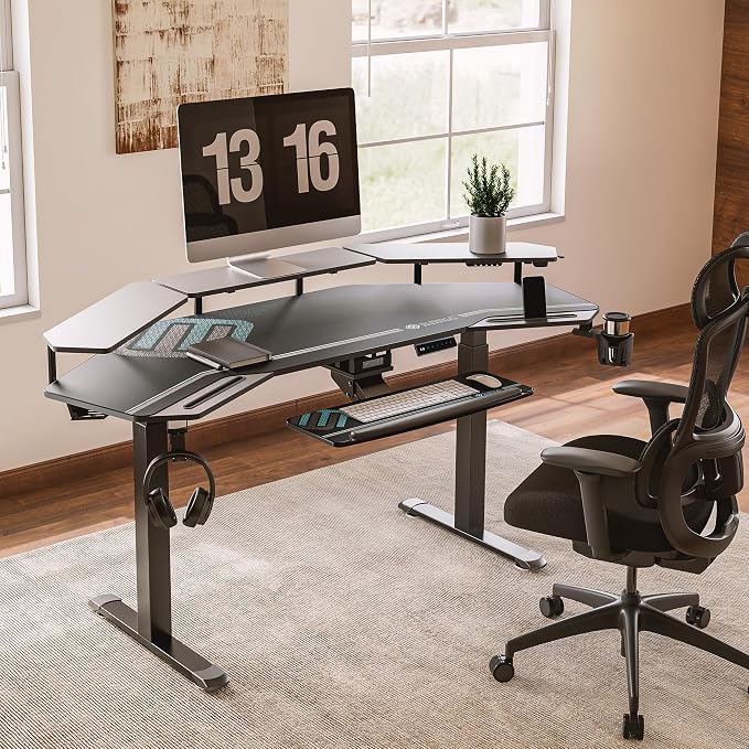 EUREKA ERGONOMIC Gaming Desk, Standing Desk w Keyboard Tray, 72" Wing Shaped Music Studio Table with LED Shelves, Gaming Recording Live Stream, Slot Design