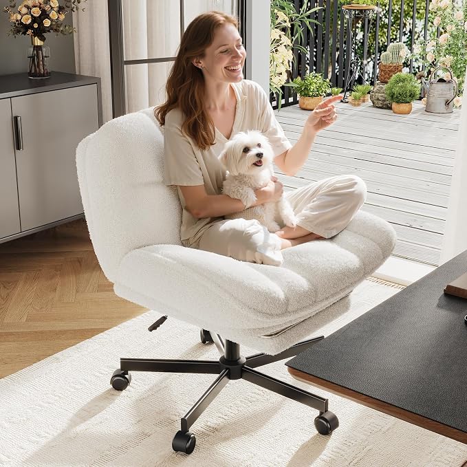 DurayLoly Cross Legged Office Chair with Foot Rest, 6.3" Thick Cushioned Criss Cross Chair with Wheels, Height Adjustable Swivel Vanity Chair for All-Day Comfort (White)