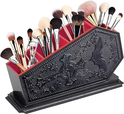 Gothic Coffin Decor Makeup Brush Holder,Spooky Witchy Gifts for Women,Bat Cosmetic Display Cases,Goth Decor Pen Holder, Vanity, Desk, Office Organizer for Bedroom Bathroom (Red)