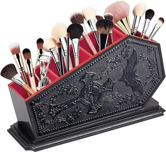 Gothic Coffin Decor Makeup Brush Holder,Spooky Witchy Gifts for Women,Bat Cosmetic Display Cases,Goth Decor Pen Holder, Vanity, Desk, Office Organizer for Bedroom Bathroom (Red)