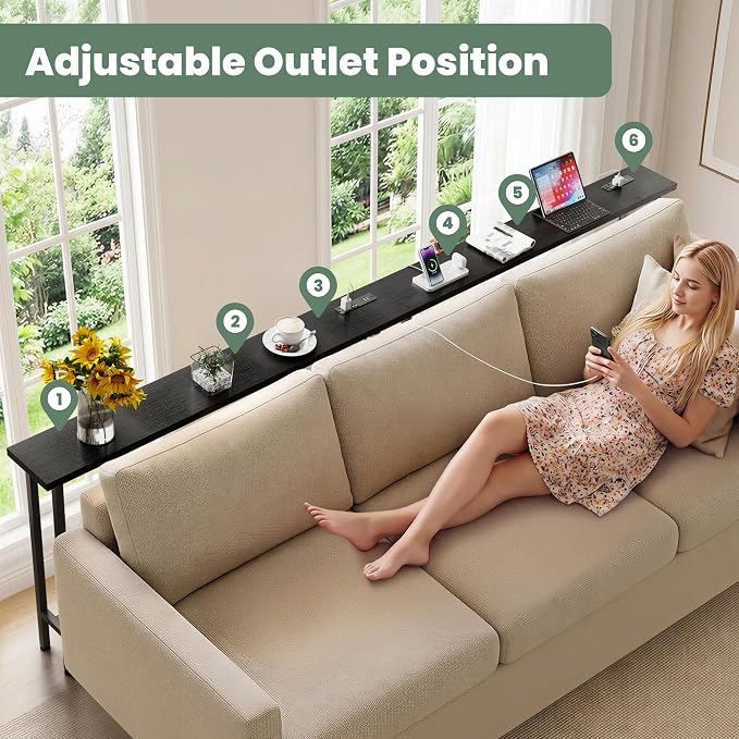 GRLEAF 102" Sofa Table with Built-in Power Strip (4 AC Outlets & 4 USB Ports) – 4.9ft Power Cord, Metal Frame, Easy Assembly, Long Couch Table Behind Sofa, Living Room and Home Office | Black