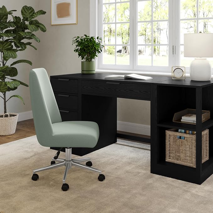 Martha Stewart Maeve Swivel Task Chair with Height Adjustable Seat for Home Office in Sage Fabric with Polished Nickel Frame