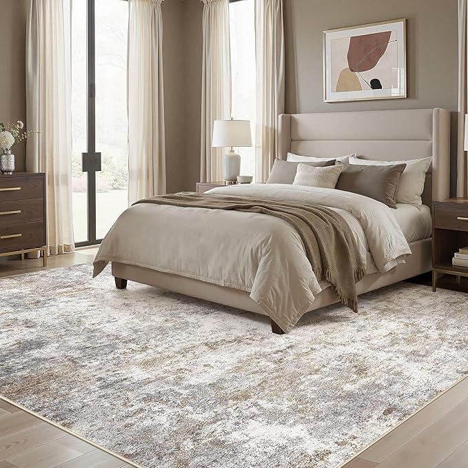 UERMEI Square Area Rugs : Washable 10x10 Neutral Modern Abstract Carpet for Living Room Bedroom - Soft Floor Mat with Non Slip Backing for Kitchen Nursery Dorms Farmhouse Home Decor - Brown Grey
