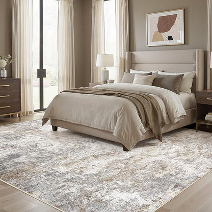 UERMEI Square Area Rugs : Washable 10x10 Neutral Modern Abstract Carpet for Living Room Bedroom - Soft Floor Mat with Non Slip Backing for Kitchen Nursery Dorms Farmhouse Home Decor - Brown Grey
