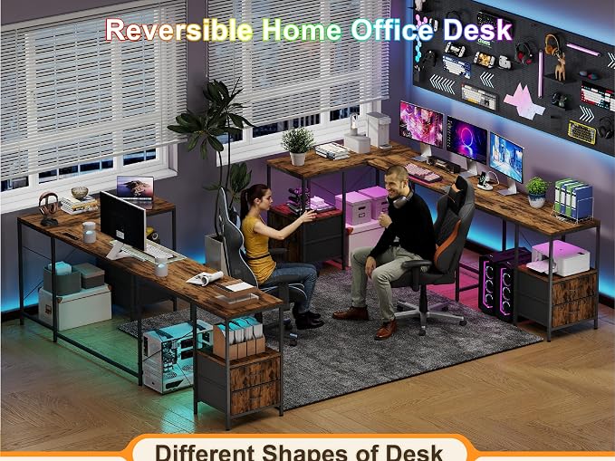 YOSHOOT 67" U Shaped Computer Desk, Reversible L Shaped Gaming Desk | Corner Desk with Power Outlets, 4 Drawers, 2 Storage Shelf, Computer Table with 4 Installation Methods, Rustic Brown