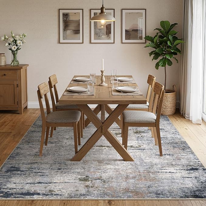 DMOYEST Area Rug Living Room Rugs - 6x9 Washable Large Soft Indoor Neutral Modern Abstract Low Pile Rug Carpet for Bedroom Dining Room Farmhouse Home Office - Blue/Grey/Brown