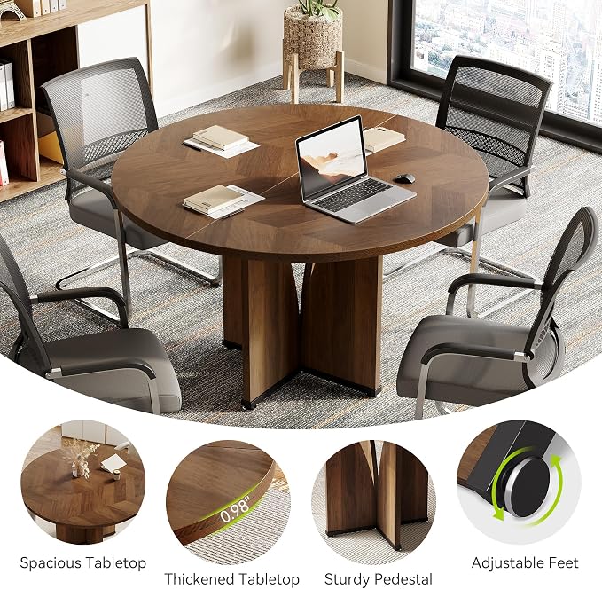 LITTLE TREE 39-Inch Conference Table for 4, Round Meeting Table with X-Shape Pedestal, for Office, Conference Room, Small Spaces, Dark Brown